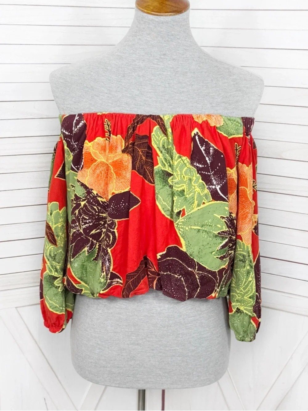 Free People Boho Tropical Flower‎ Print Off Shoulder Puff Sleeve Crop Top Red XS